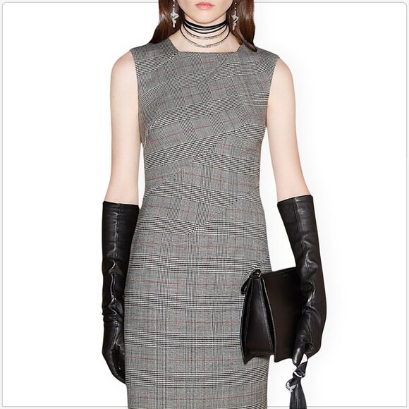 Paule Ka Paris Wool Checked Plaid Sheath Stretch Fitted Sleeveless Dress New 38 - Picture 2 of 7